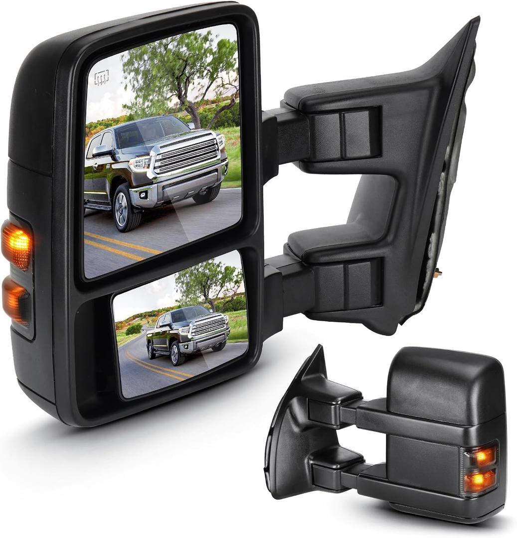 Towing Mirrors for Ford F-250 F-350 F-450 F-550 Super Duty 2008-2016 Power Heated with Smoke Turn Signal Manual Folding Telescoping (1 Pair)
