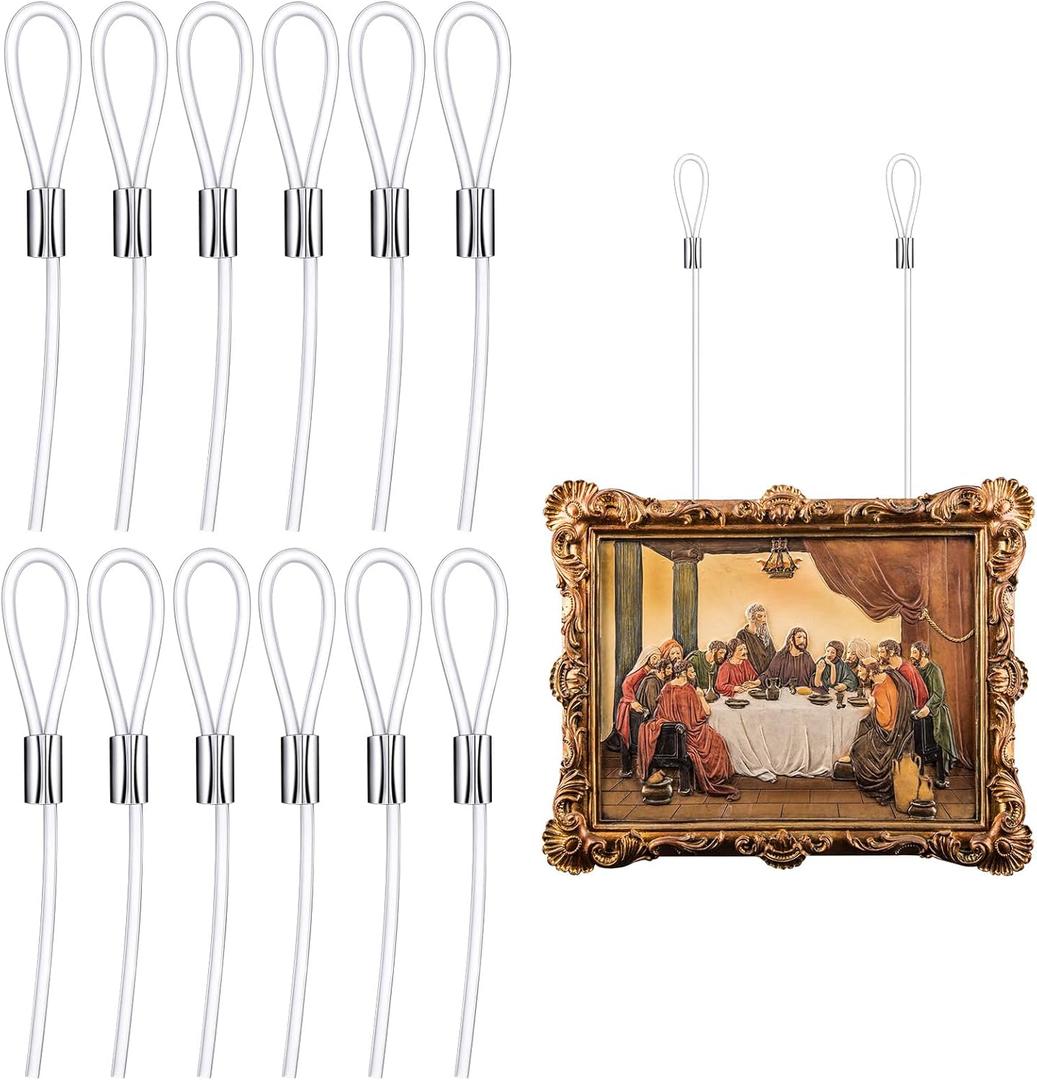 12 Pcs 59" Length Picture Rail Hanging Cord 66 Lb/ 30 kg Load Capacity Clear Nylon Picture Wire Invisible Nylon Cord Cable with Loop for Hanging, Frame Display Supply