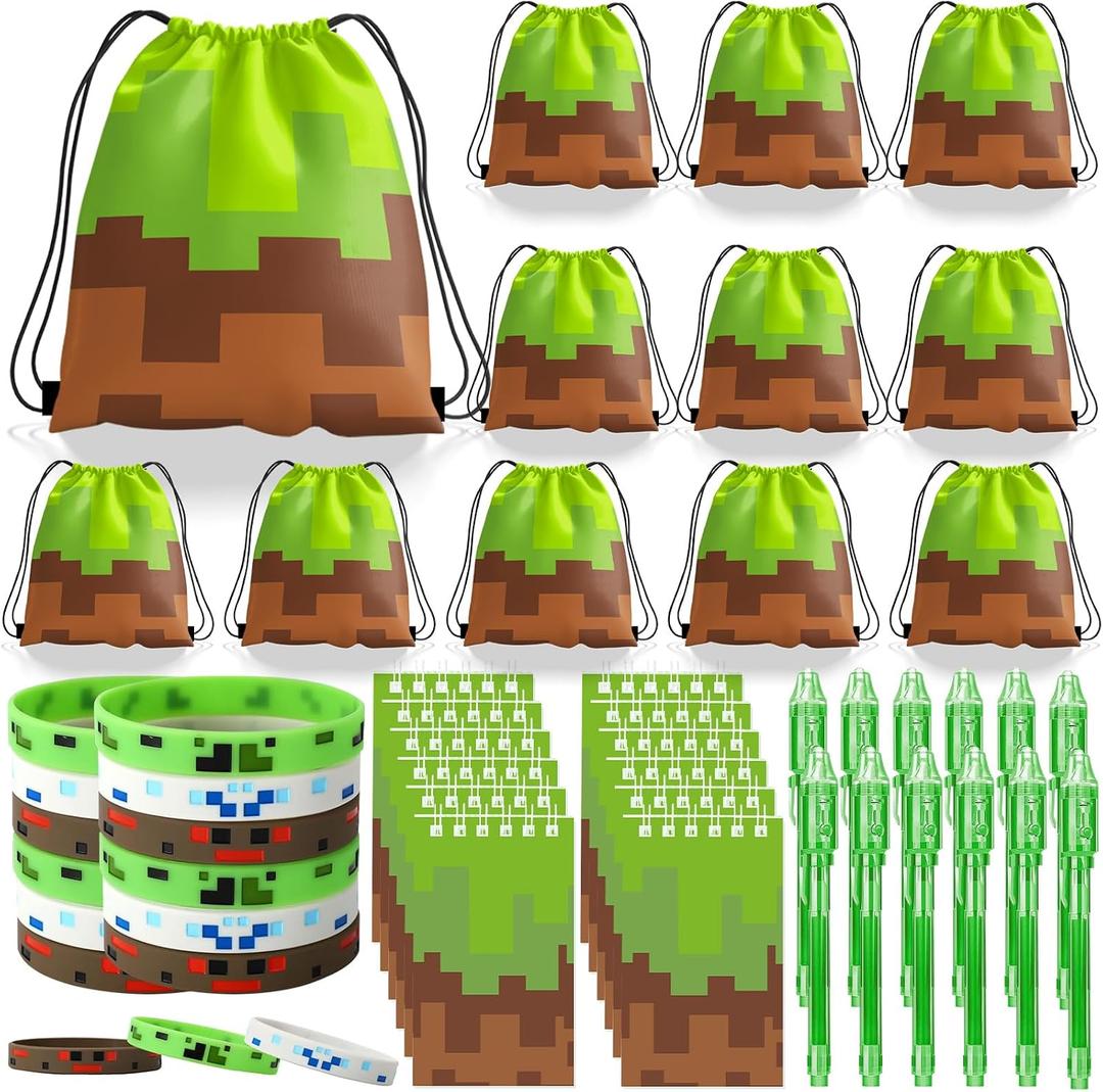 Pixel Theme Party Favors, Miner Game Birthday Party Supplies & Goodie Bags for Kids, Include Drawstring Bags Notebook Silicone Bracelet Highlighter for Gifts Fillers
