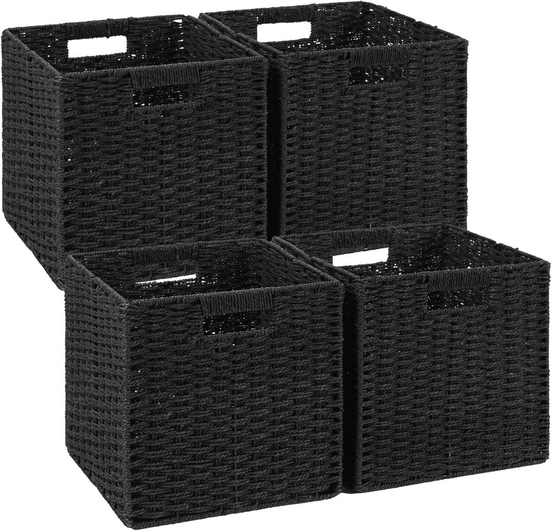 Woven Wicker Storage Baskets 4-Pack, 11x11 Handwoven Paper Rope Organizer Bins, Foldable Cube Storage Cubes with Built-in Handles for Shelves and Closet Organization(Classic Black)