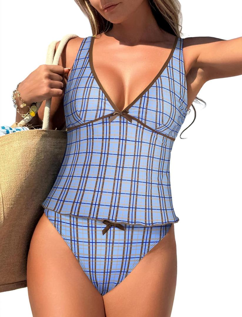 ZAFUL Women's Tankini Swimsuits V Neck Tummy Control Bow Color Block Two Piece Swimsuit Bathing Suit (XL)