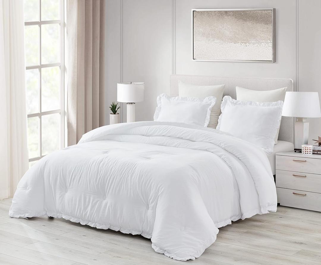 Chezmoi Collection Nora White Comforter Set Ovesized King 3-Piece Fluffy Soft Stone-Washed Ruffled Shabby Chic Bedding for All Season