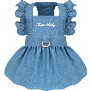 Denim Cat Dog Dress Clothes for Small Dogs with Leash Ring Summer Girl Small Dog Clothes Outfit Belly Velcro Fastening Cat Outfits&Apparel for Girl, Large (6.6-9.4 lbs)