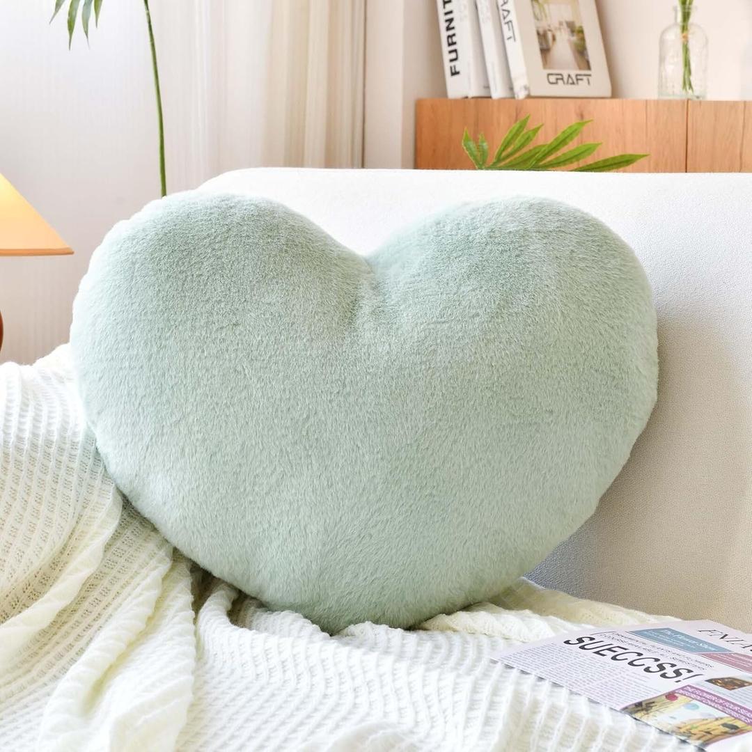 XVTRU Sage Green Heart Pillows, Cute Heart Decorative Pillow, Heart Shaped Throw Pillows for Bed, Faux Rabbit Fur Plush Hoom Decor Pillow Cushion for Chair Sofa Living Room (Medium-15.7"x11.8")