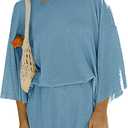 Tankaneo Womens Short Sets 2 Piece Outfits 3/4 Sleeve Tops and Elastic Waist Shorts Lounge Set Casual Loungewear (Large, Blue)
