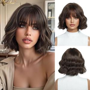 Brown Bob Wigs for Women Short Wavy Wig With Bangs Natural Synthetic Hair Heat Resistant Wigs for Daily Party Cosplay Wear