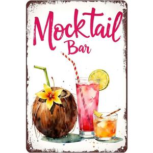 Mocktail Bar Tin Sign - Vintage Metal 12x8 Inch Summer Tropical Wall Decor for Home Bar, Kitchen, Patio, Poolside, Party Drinks Sign