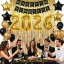 JOJO FLY New Years Eve Party Decorations Kit, Gold 2026 Balloons, Happy New Year Banner, Gold Foil Curtain, Black and Gold Balloons Set, New Years Eve Party Supplies 2026