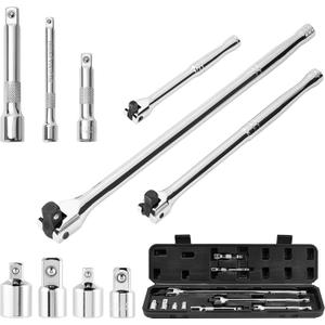 KOOPOOL 10 Piece Breaker Bar Set, 3/8", 1/2" and 1/4" Drive, 180 Rotatable Head, 6'', 10'', 15'' Length, 3 Extension Bars, Organizer Case