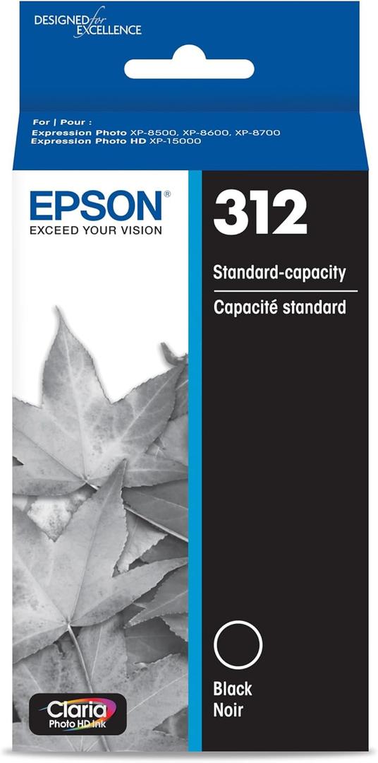 EPSON 312 Claria Photo HD Ink Standard Capacity Black Cartridge (T312120-S) Works with Expression Photo XP-8500, XP-8600, XP-8700, XP-15000