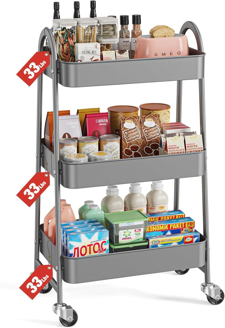 Sweetcrispy 3 Tier Rolling Cart with Wheels, Metal Utility Storage Carts, Kitchen Organizer Trolley Shelves, Mobile Shelving Unit for Bathroom Laundry Office Bedside, Gray (Light Grey)