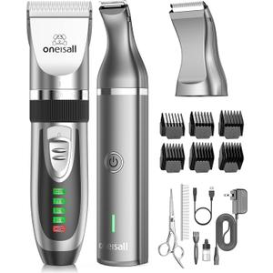 oneisall 2 in 1 Pet Cat & Dog Grooming Kit - Quiet Cordless Dog Clippers & Paw Trimmer for Grooming Pet Hair (Silver)