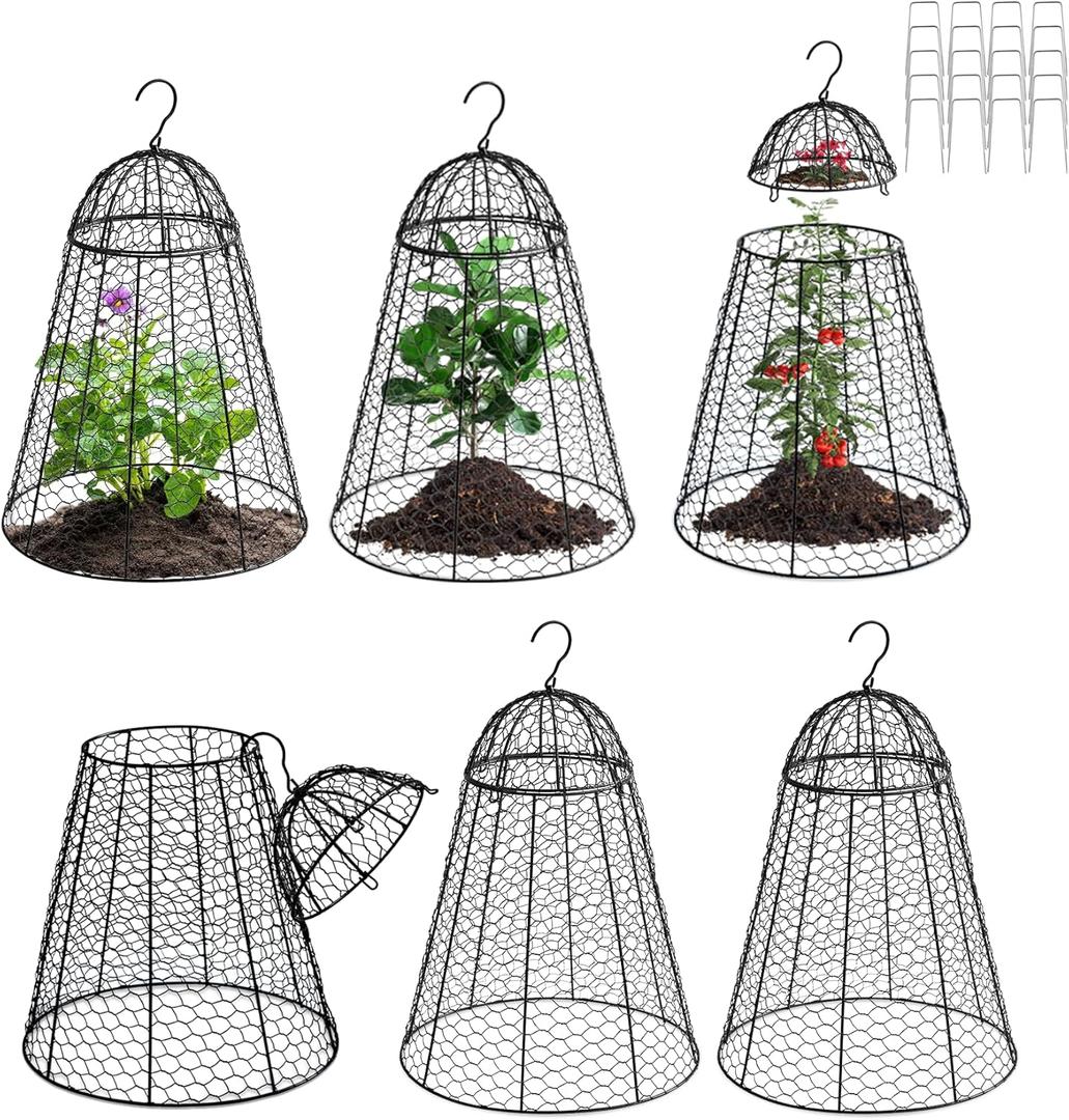 Garden Chicken Wire Cloche 6 Packs, Large Plant Protectors from Animals, 11.81" W x 15.35" H Rustproof Garden Cloches for Plants with Removable Top and Hook for Easy Pruning