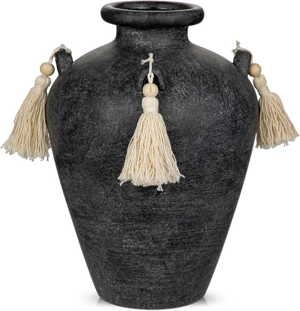 Large Decorative Ceramic Vase with Tassels, 9.4" Black Vintage Flower Vase with Handles, Textured Rustic Farmhouse Vases for Home Decor, Table Centerpiece, Living Room, Entryway, Wedding, Party Decor