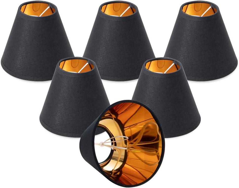 Wellmet Chandelier Lamp Shades, ONLY FOR CANDELABRA BULBS, Clip-on Fitter Lampshade, 3" X 6" X 5", Set of 5 (Black-Gold)