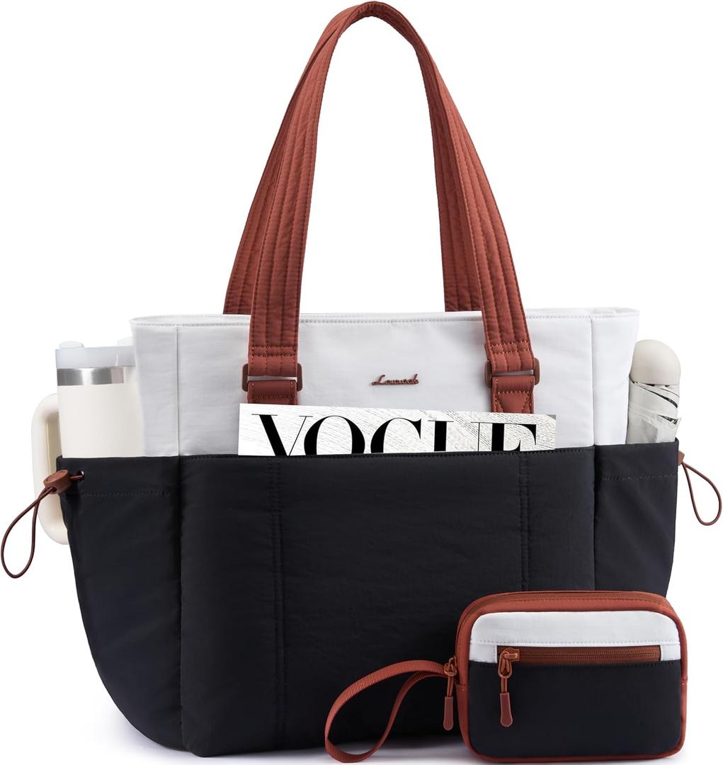 LOVEVOOK Tote Bag for Women, Puffy Work Tote with Large Cup Holder, Quilted Laptop Bag Travel Tote Shoulder Bag Handbag (15.6 inch, Black-white-brown)