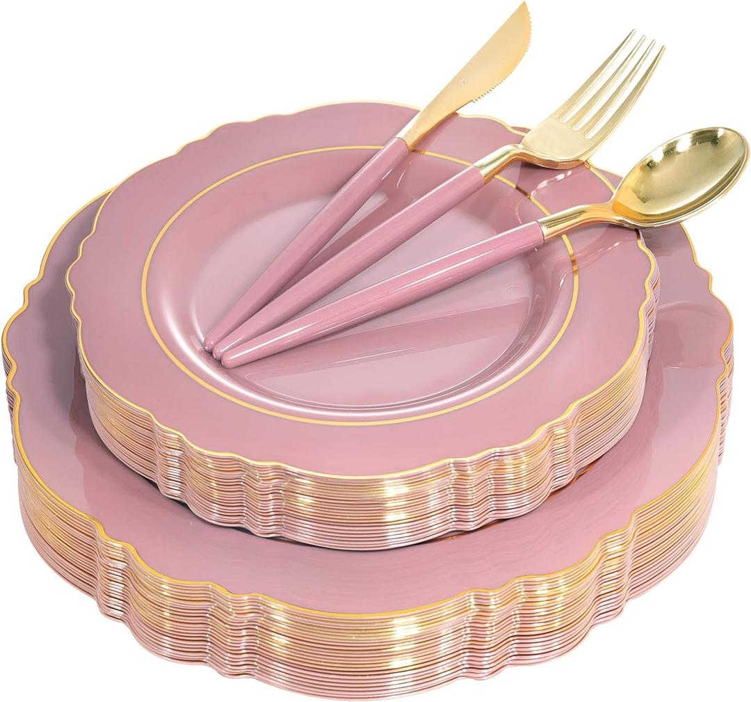 Nervure 100PCS Mauve Pink Plastic Plates With Gold Rim - Mauve and Gold Disposable Plates with Mauve Handle For Wedding & Party Serve for 20 Guests