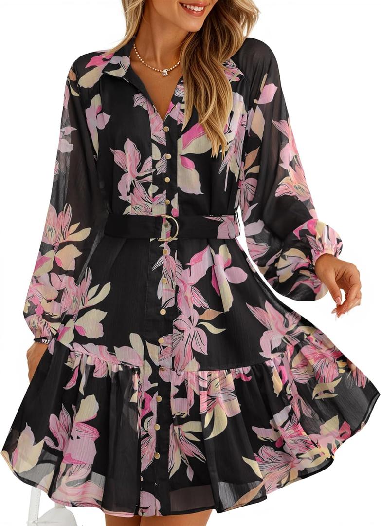 ZESICA Womens Spring Summer Floral Mini Dress Long Sleeve Button Chiffon A Line Swing Short Wedding Guest Party Dresses S