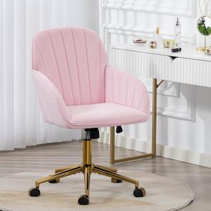 Home Office Chair, Velvet Modern Makeup Vanity Chair with Gold Base and Wheels, Height Adjustable Swivel Desk Chair for Living Room Bedroom Study Room, Pink