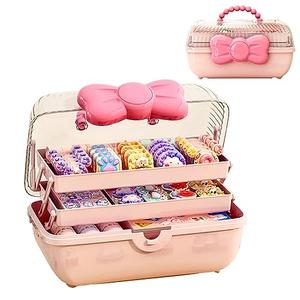 GKWW Cute Girls Hair Accessories Storage Box Bow Switch Organizer Box Jewelry Box, Plastic Hair Ties Holder Hair Clips Container Storage Box for Home, School, Office(Pink)
