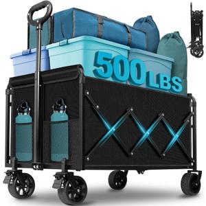 Collapsible Wagon Cart with Wheels Foldable: 500LBS Heavy Duty Folding Utility Wagon - Portable All Terrain Grocery Wagon Cart for Groceries Shopping Outdoor Camping Sports (Black-500Lbs)