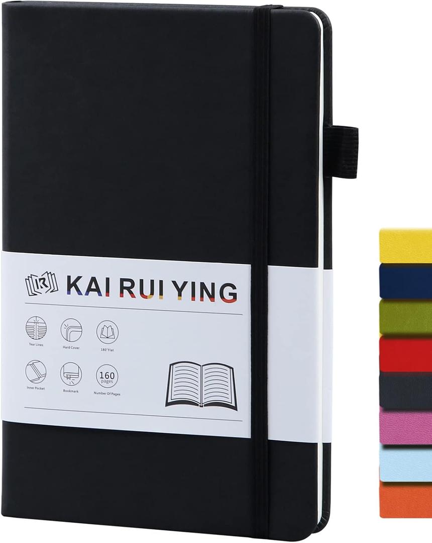 KaiRuiYing Lined Journal Notebook, 160 Pages, 5.5'' 8.6'' A5 Size, College Ruled, 100 GSM Thick Paper, Leather Hardcover Journal for Men & Women for Writing, Work, Office, Diary and Back to shcool (Black)