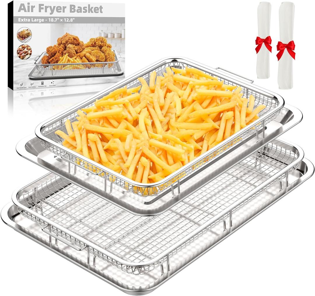 Air Fryer Basket, 2 Set Air Fryer Pans and Tray for Oven with 60 PCS Parchment Papers, DEGOVIN Non-stick Stainless Steel Oven Air Fryer Basket and Tray-18.8" x 12.8"Extra Large &15.7" x 11.6"Large