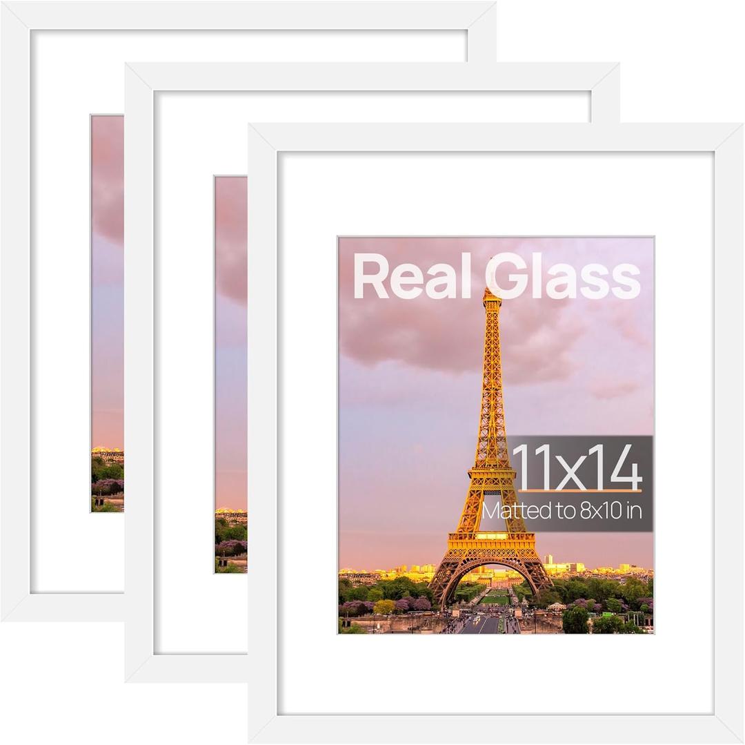 upsimples 11x14 Picture Frame Set of 3, Made of High Definition Glass for 8x10 with Mat or 11x14 Without Mat, Wall and Tabletop Display Photo Frames, White