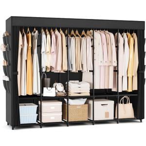 Portable Closet Storage, Portable Wardrobe Closet Organizer Clothes Rack wtih Cover, Hanging Rod, Storage Shelves and Side Pockets, Large Portable Closets for Hanging Clothes, Black (5 Row - 82'' Wide)