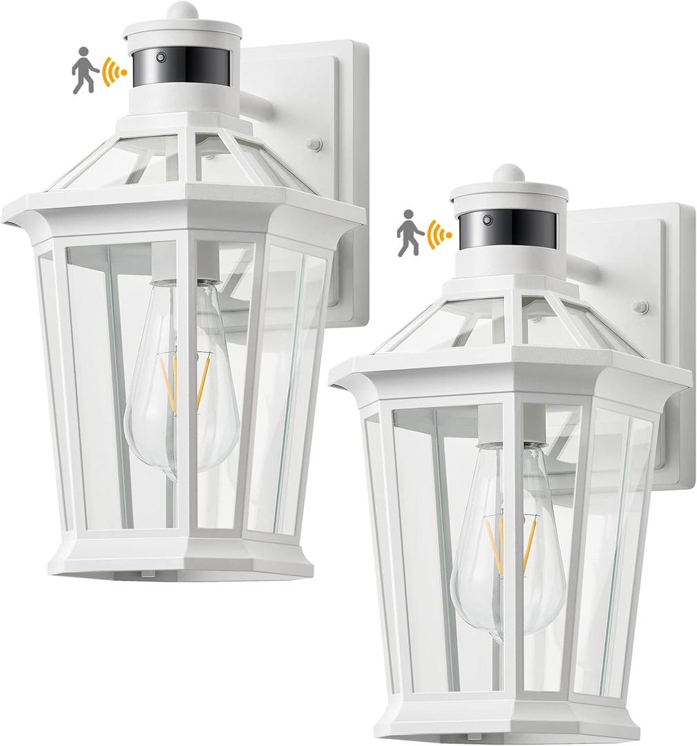 VIANIS Motion Sensor Outdoor Light Fixtures Wall Mount, 2 Pack White Dusk to Dawn Exterior Wall Lantern, Anti-Rust Wall Mount Lighting with Clear Glass Shade for House, Entryway, Front Door