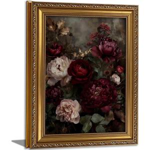 Vintage Gold Framed Floral Wall Art Dark Moody Flower Botonical Canvas Painting Picture Wall Decor Retro Rustic Peony Flowers Still Life Victorian Poster Print Artwork for Living Room Bedroom Home (11"L x 9"W)