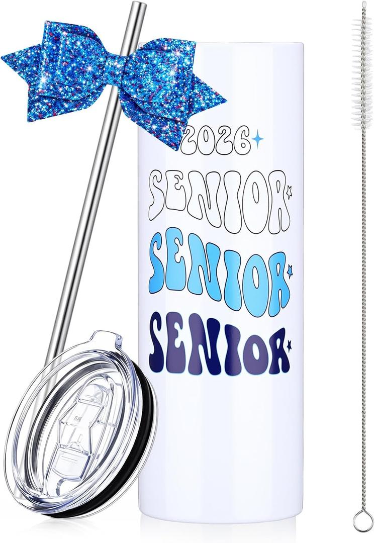 Hushee Class of 2026 Senior Night Gift 20 oz Graduation Tumbler Stainless Steel Insulated Travel Mug and Lid with Straws, Bow Senior 2026 Tumbler Graduation Gift for Her Women Team Coach(Blue)