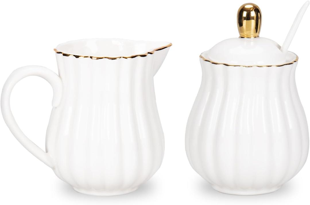 Porcelain Sugar and Creamer Set, British Style Creamer Pitcher and Sugar Jar, Sugar Set with Lid & Spoon, Coffee Serving Set for Home Coffee Tea Party