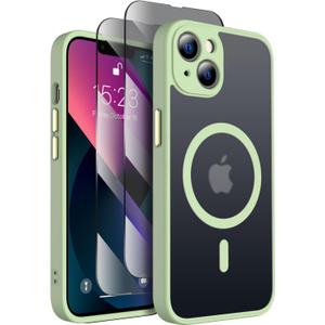 2 x SEXYMOM Magnetic for iPhone 13 Case with Privacy Screen Protectors X2 - Upgraded Camera Protection - Compatible with Magsafe,21ft Drop Tested,Slim Fit Translucent Matte Phone Case - Tea Green