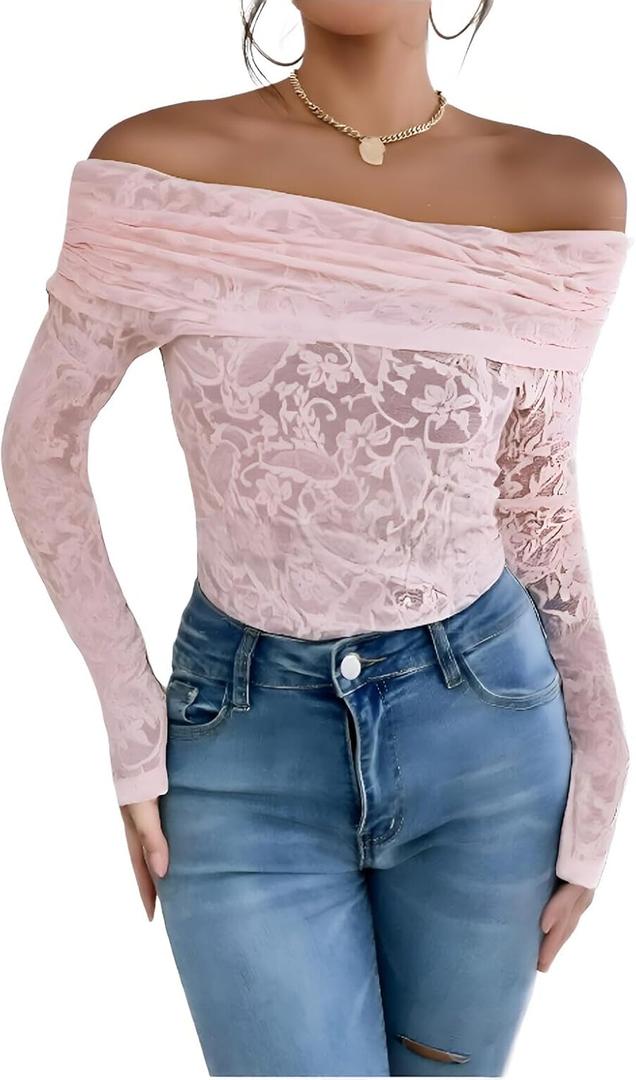 Womens Off Shoulder Lace Ruched Tops Long Sleeve Slim Fit Blouses Shirts 2026 Going Out T-Shirt (X-Large, Pink)