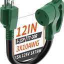 PlugSaf 12 inch RV 30 Amp to 110 Adapter, 10/3 Gauge Heavy Duty RV Electrical Adapter for Camper 1 FT, NEMA 5-15P to NEMA TT-30R, STW 10AWG 15A 125V 1875W, Green-Black, ETL Listed