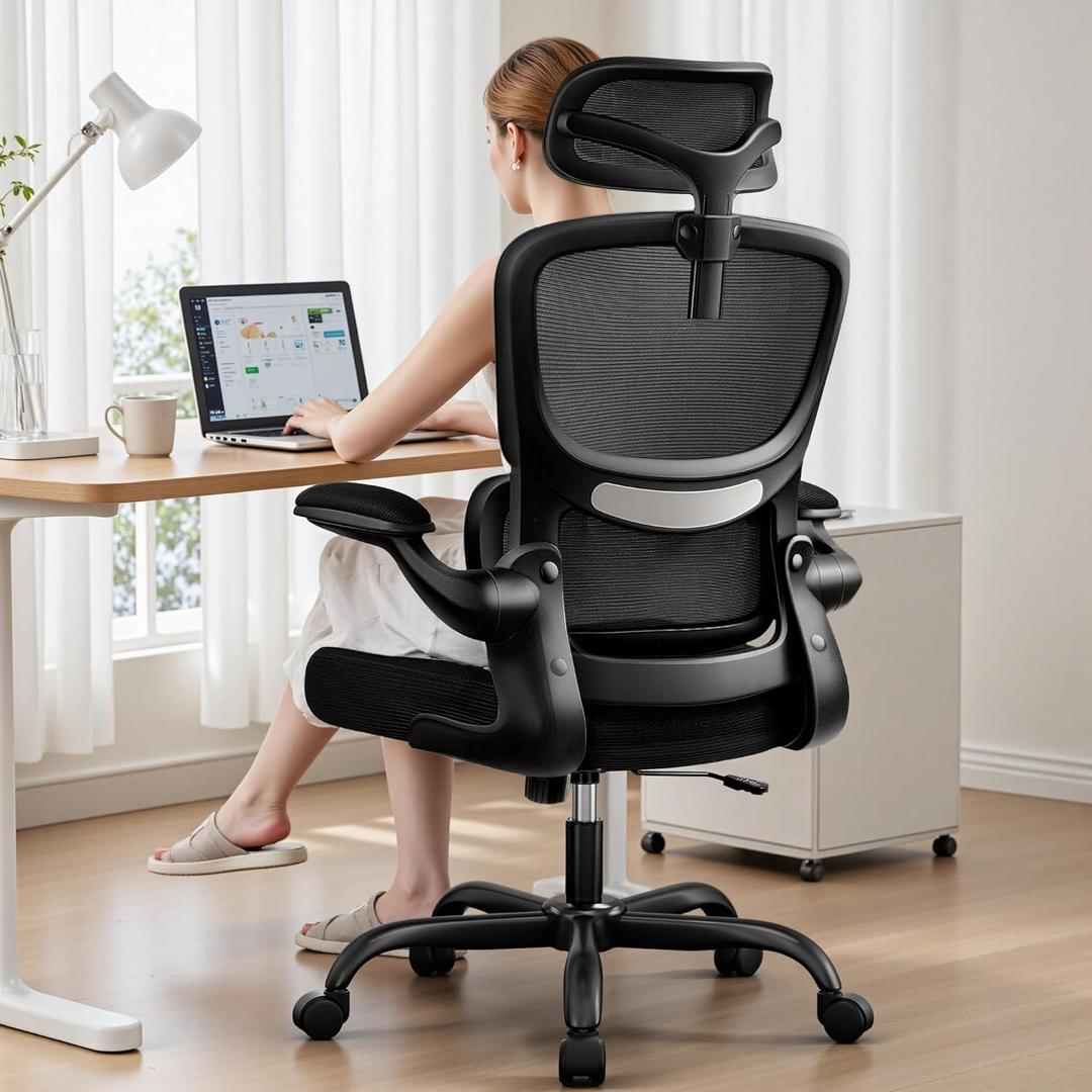 High Back Ergonomic Office Chair, Breathable Mesh Desk Chair with Lumbar Support, Adjustable Headrest, Flip-up Armrests, Computer Gaming Chair (Black)