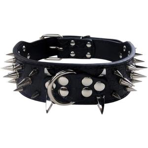 Izefia Dog Collar Sharp Spiked Studded Luxurious Padded Leather Collars for Medium Large Dogs - 2 Inch Width Necklace Anti-Biting (L, Black-SV)