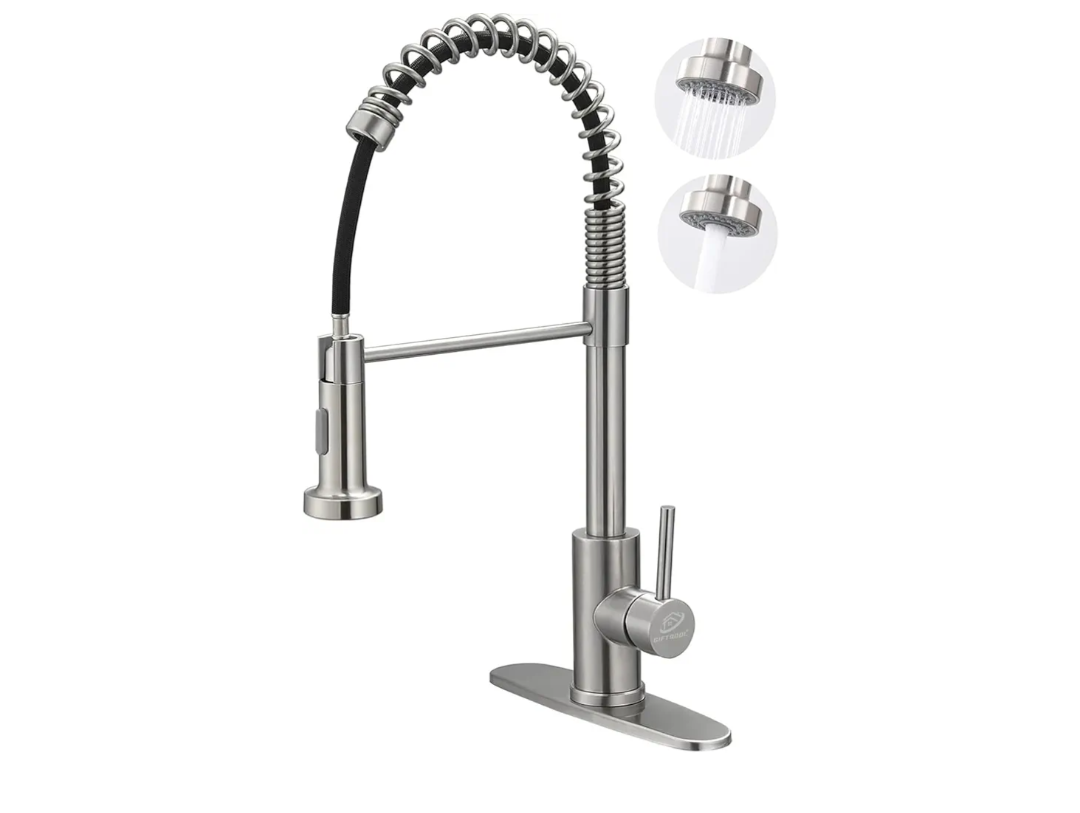 Kitchen Sink Faucets with Pull Down Sprayer, GIFTQOOL Brushed Nickel Single Handle Kitchen Faucet Stainless Steel High Arc Spring Commercial Tap 1 Hole Modern RV Faucets