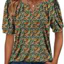 CRAZY GRID Women's Dressy Casual Top Puff Sleeve Summer Shirt Loose Trendy Pleated Blouse, Size Large 