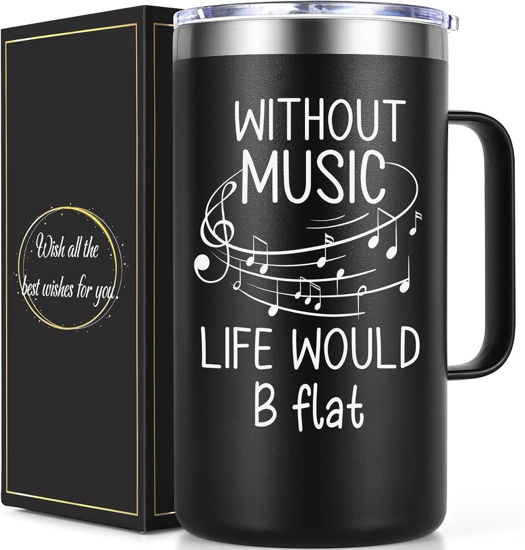Lifecapido Music Gifts for Men, Gifts for Musicians, Without Music Life Would B Flat 20oz Insulated Coffee Mug, Christmas Music Gifts for Musicians Music Lover Teacher, Black