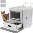 Marchul Enclosed Stainless Steel Cat Litter Box with Lid & Drawer Design for Indoor All Lifestyles Cats, Metal Covered Cat Litter Box, Baffles for Anti-Leakag, with Litter Scoop & Litter Mat