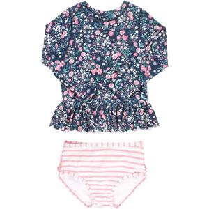 RuffleButts Baby/Toddler Girls Scalloped Long Sleeve Rash Guard 2-Piece UPF50+ Sun Protected Swimsuit (7 Years, Moonlit Meadow)