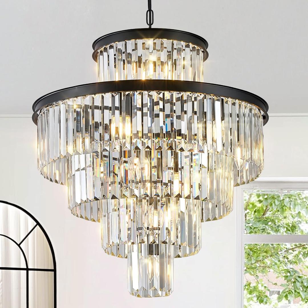 24" Modern Crystal Chandelier 15 Lights Black Pendant Light Fixture Luxury 5-Tier K9 Crystals Chandelier Contemporary Round Pendant Lighting for Dinning Room Living Room Foyer Kitchen