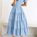 PRETTYGARDEN Women's Casual Summer Midi Dress Puffy Short Sleeve Square Neck Smocked Tiered Ruffle Dresses (Blue, S)
