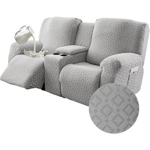 Gennia Waterproof Recliner Loveseat Cover, Stretch Reclining Sofa Covers with Pockets, Washable Lazy Boy Recliner Slipcovers, Leakproof Couch Protector for Kids or Pets (2 Seat with Console, Light Gray)