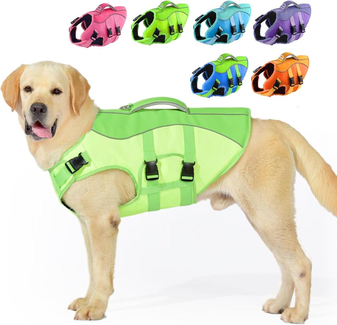PETDSH Dog Life Jacket Small, High Flotation Dog Life Vest for Swimming Boating, Reflective Puppy Lifejacket with Superior Buoyancy and Rescue Handle, Adjustable Safety Dogs Floating Vests (X-Small, Chest Girth: 11.8-16.5''), Fluorescent Green & Green