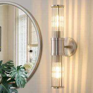 Brushed Nickel Wall Sconce Bathroom Vanity Light Fixtures for Mirror, Modern Wall Light with Glass Rod Shade for Bathroom, Bedroom, Hallway, Living Room - Bulb Not Included