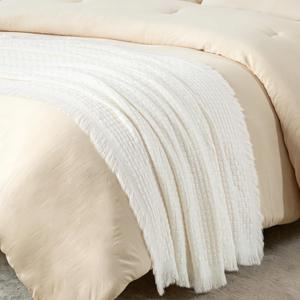 Exclusivo Mezcla Twin Size Knit Blanket with Fringes for Bed, Reversible Super Soft and Warm Woven Throw for Summer, Home Decor, 60"x80", Ivory