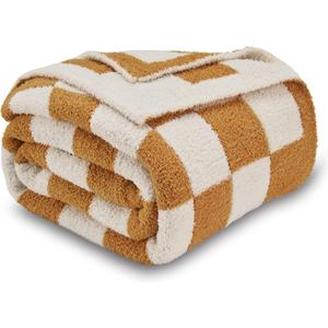 CozeCube Super Soft Fullfy Microfiber Reversible Knitted Blankets, Warm Cozy Fuzzy Plush Throw, Orange and White Checkered Throw Blanket for Couch Bed Sofa, 50" x 60"
